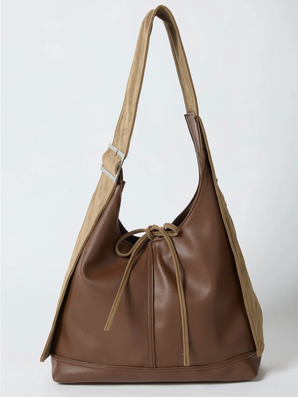 Chestnut Brown Leather Drawstring Shoulder Bag with Suede Strap